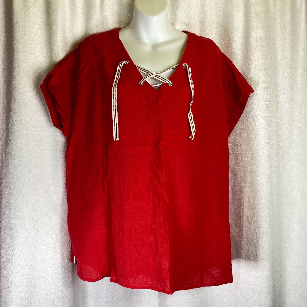 Tommy Hilfiger Criss Cross Tie Red Top LARGE NEW